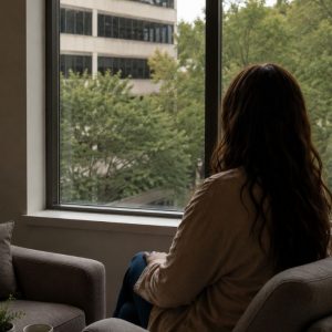 Person reflecting quietly by a window before beginning EMDR therapy in Huntsville.